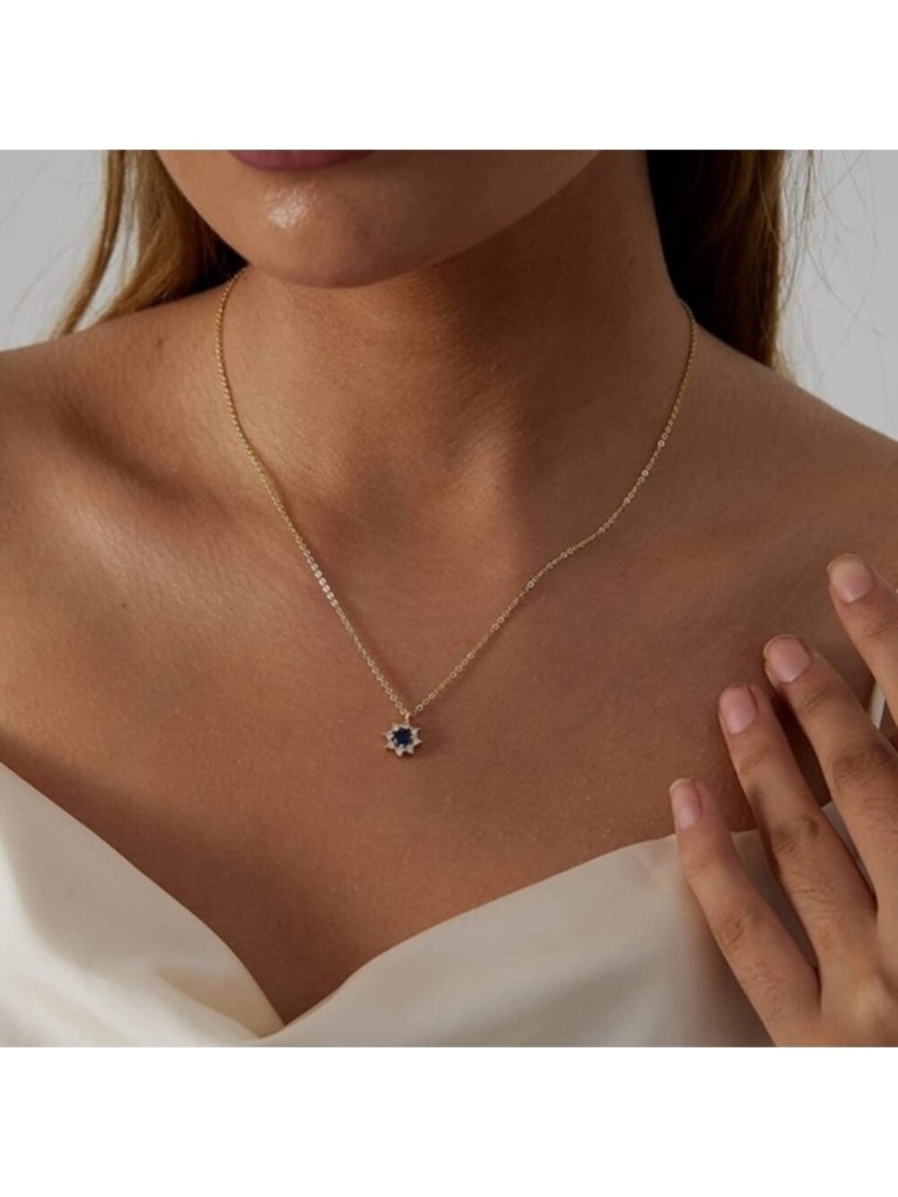 GOLD 14k Gold Plated Blue Cubic Zirconia Flower Pendant Necklace